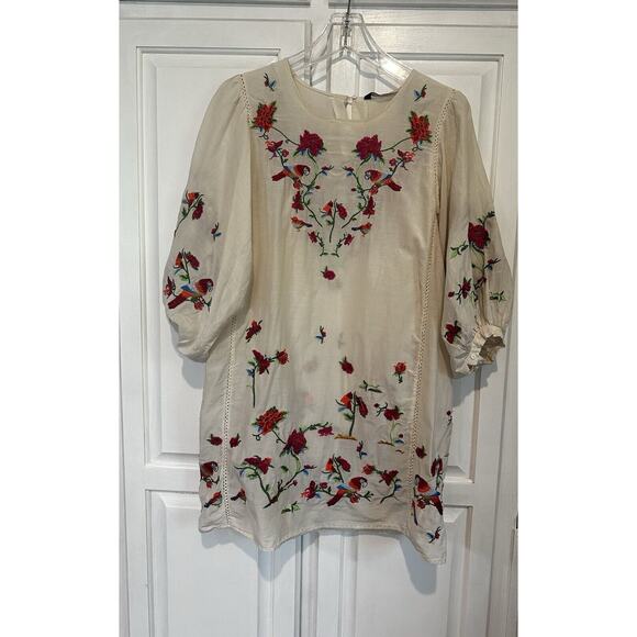 Zara Premium Collection Boho Dress Size XS Embroidered Floral Birds Peasant - Picture 1 of 10